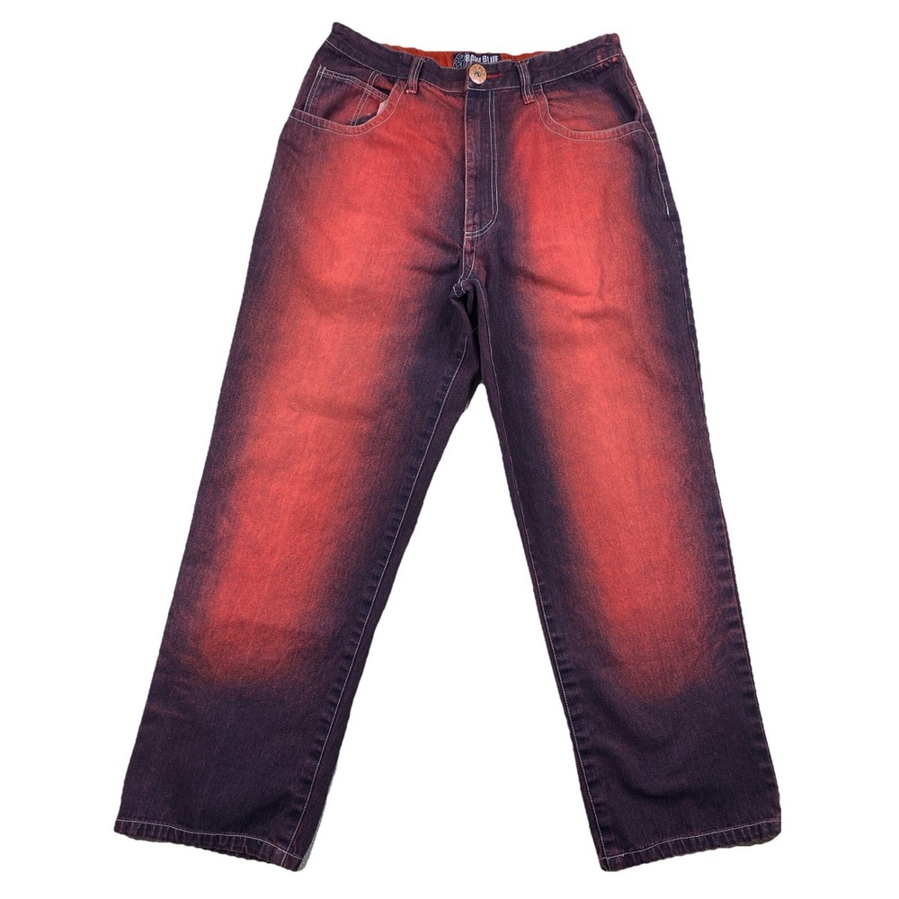 Raw Blue Wide Leg Baggie Jeans 35x31 Red & Purple Y2K